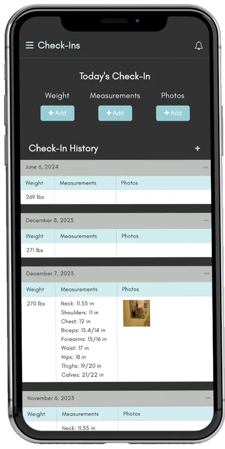 Screenshot of the MyFitSuite Check-Ins